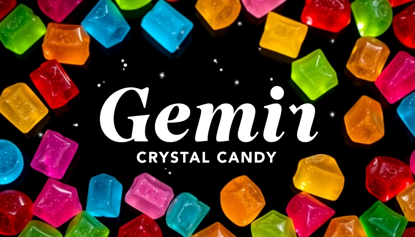 Enjoy delicious flavors of Gemini Crystal Candy, showcasing vibrant, crystal-shaped candies on a stylish display.