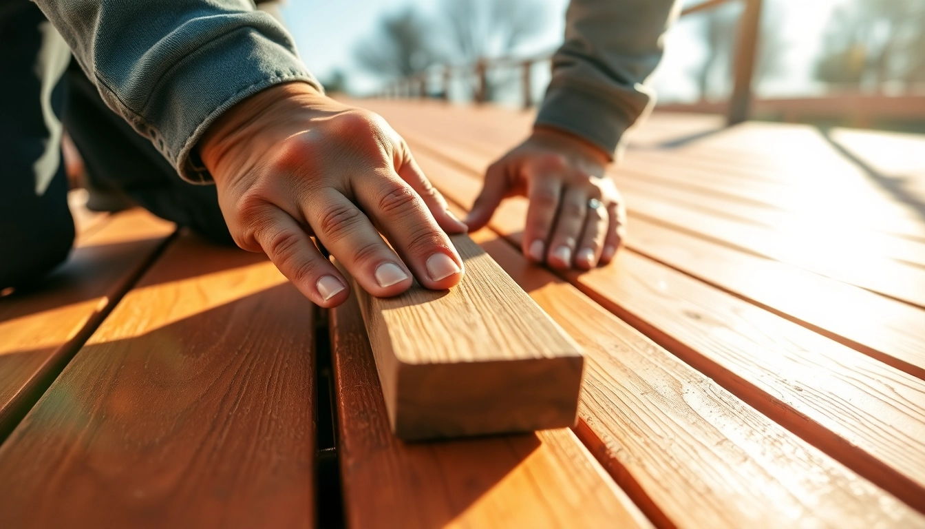 Engaging in deck construction by laying wooden planks on a sunny day.