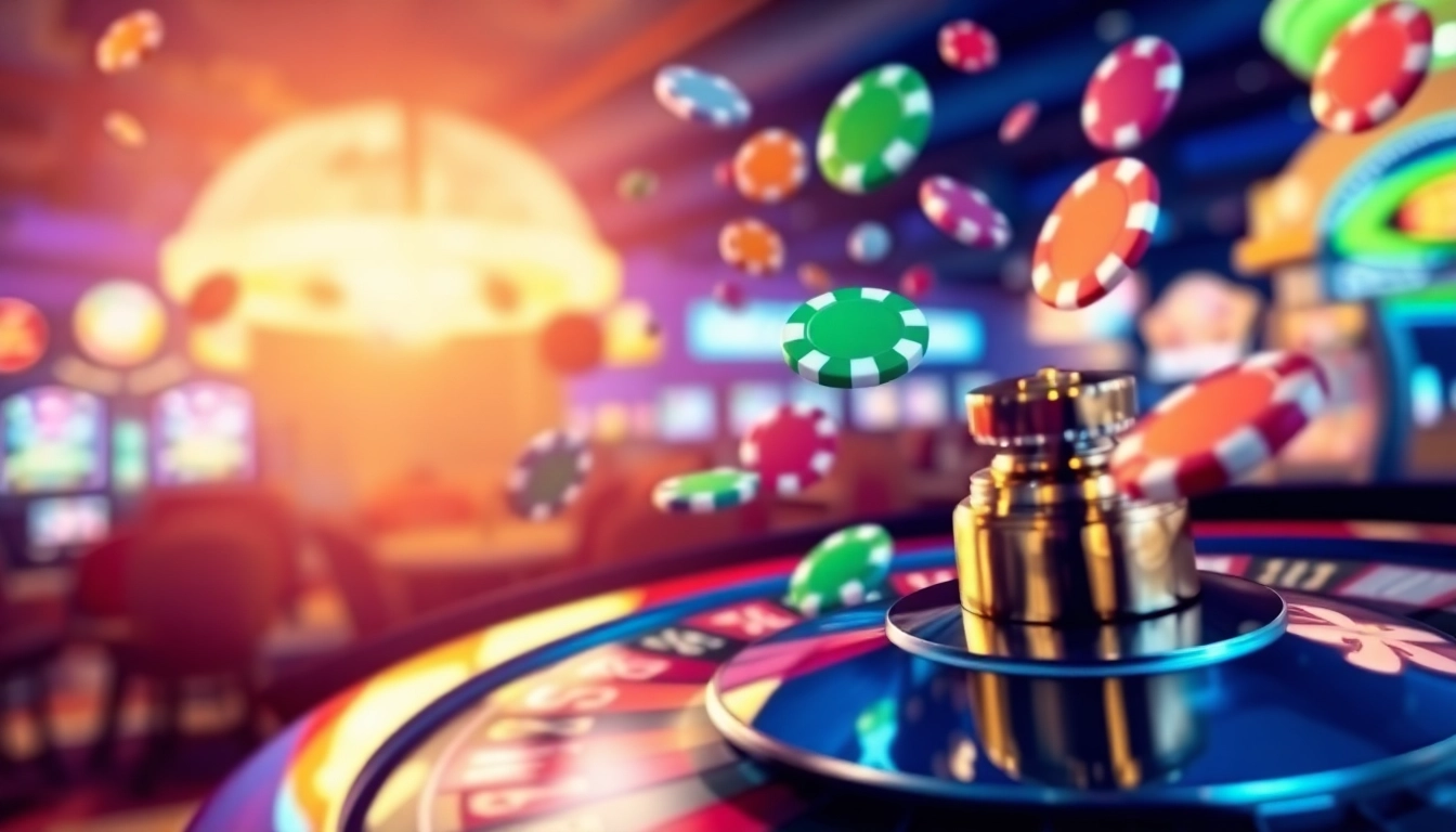 Experience exhilarating สปินฟรี with colorful casino chips cascading from a vibrant spinning wheel.