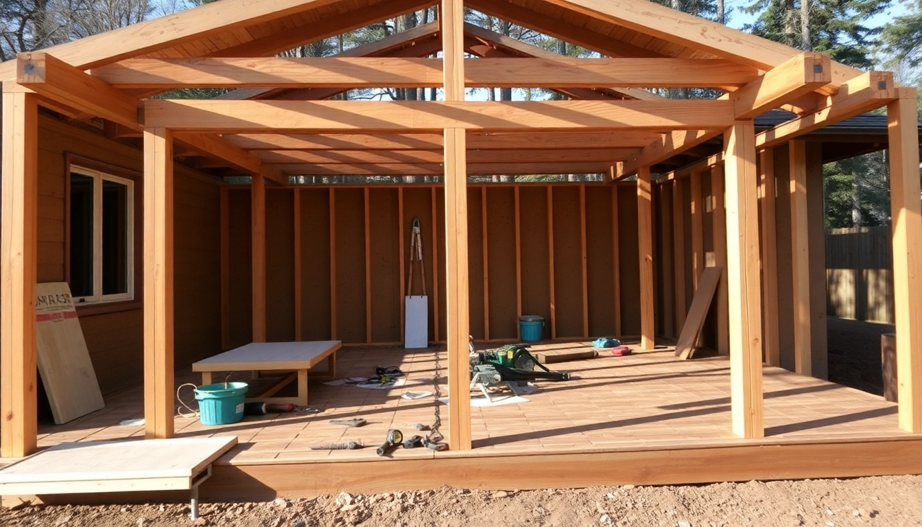 Deck construction showing framing and tools actively being used in outdoor building process.