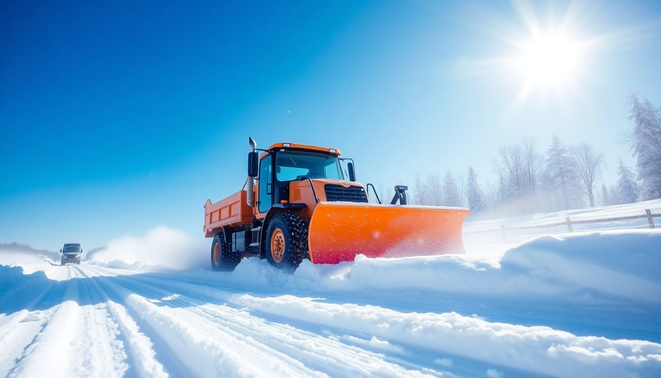 Snow plowing in action, plow clearing a snowy road with sunlight glistening on fresh snow.