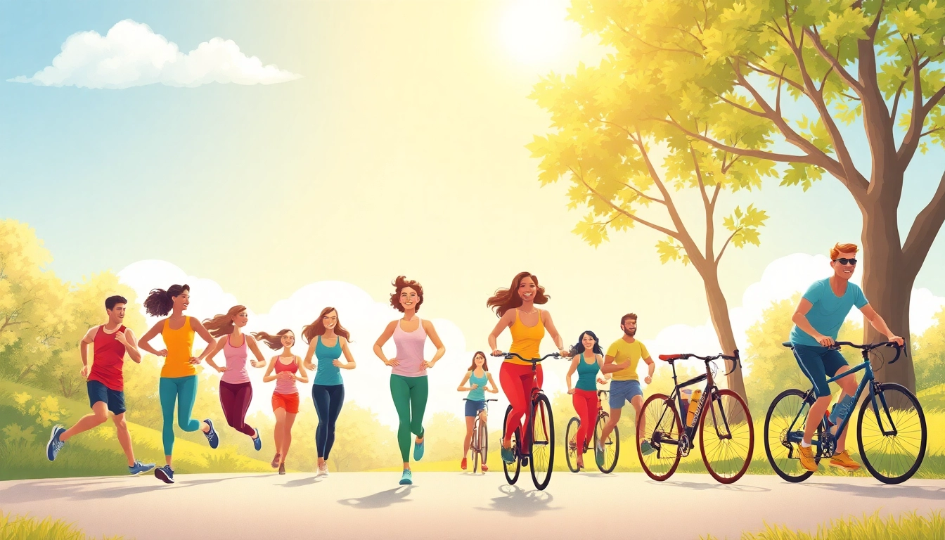 Promote a healthylifestyle by depicting individuals joyfully exercising outdoors, showcasing diversity and energy.