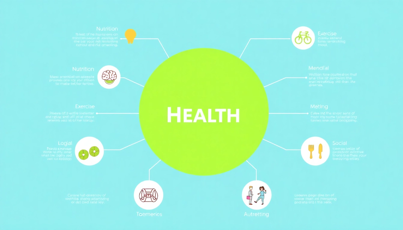 Illustrate holistic approaches to Health with vibrant icons representing nutrition, exercise, and well-being.