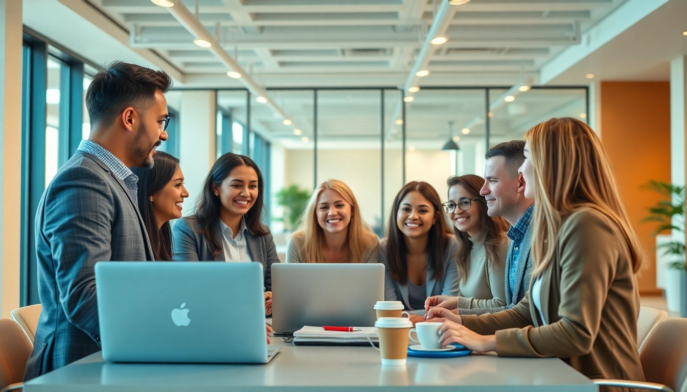 Business professionals discussing outsourcing strategies in a modern office environment.