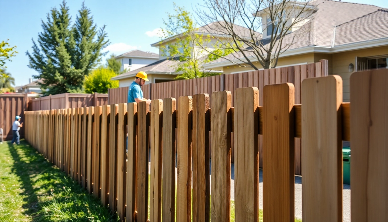 Professional fencing companies Manchester installing a beautiful wooden fence in a sunny residential area.