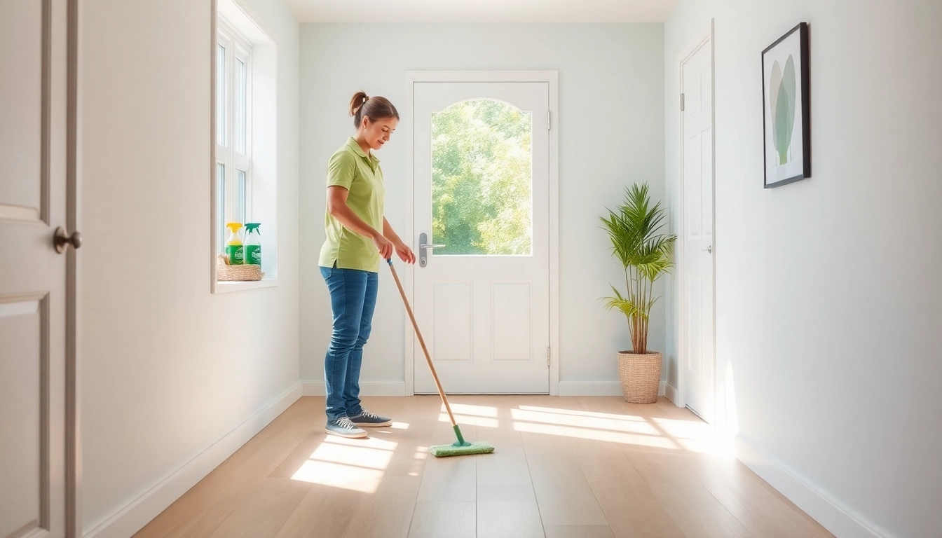 Professional bond cleaning Brisbane service in progress, showcasing a cleaner effectively tidying a room with eco-friendly products.