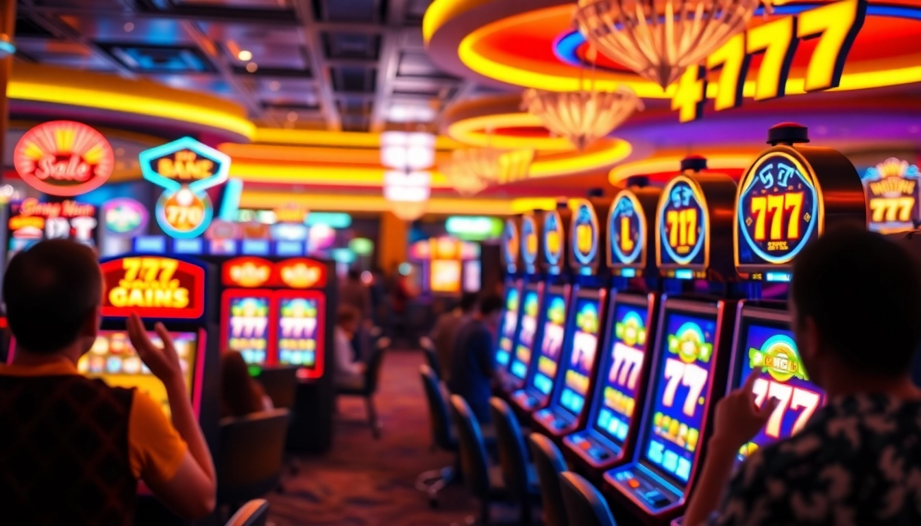 Experience the excitement of สล็อต777 slot machines with bright lights and engaged players.