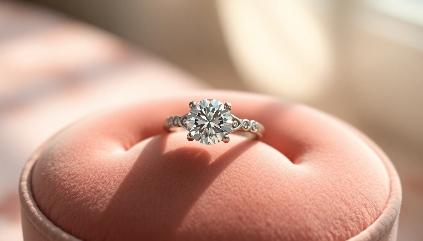 Showcase of a beautiful 2 Carat Engagement Ring on a velvet cushion, emphasizing its brilliance and intricate design.