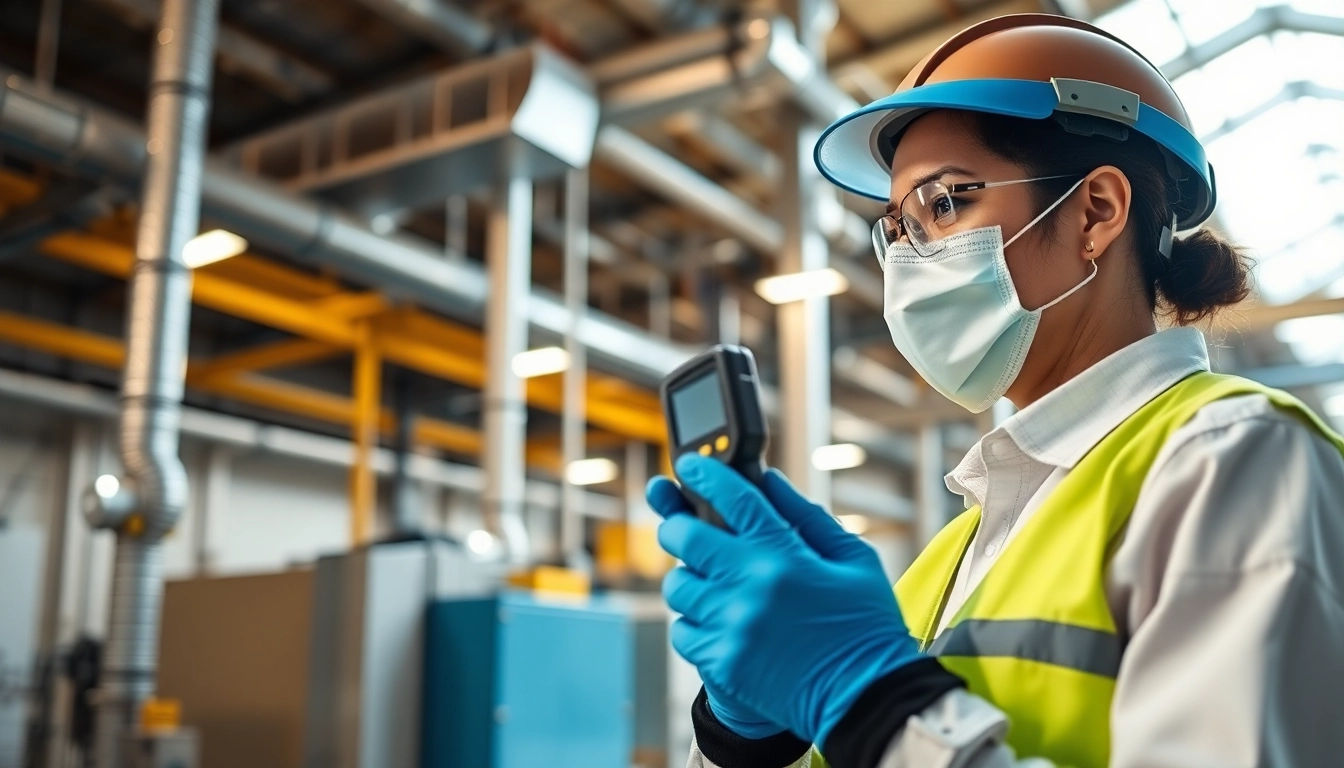 Assess professional Industrial Hygiene Services with a hygienist analyzing air quality in a safe work environment.