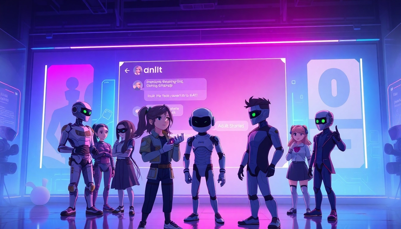 Engage with character ai 18 characters in a vibrant futuristic chat scene designed for adult audiences.