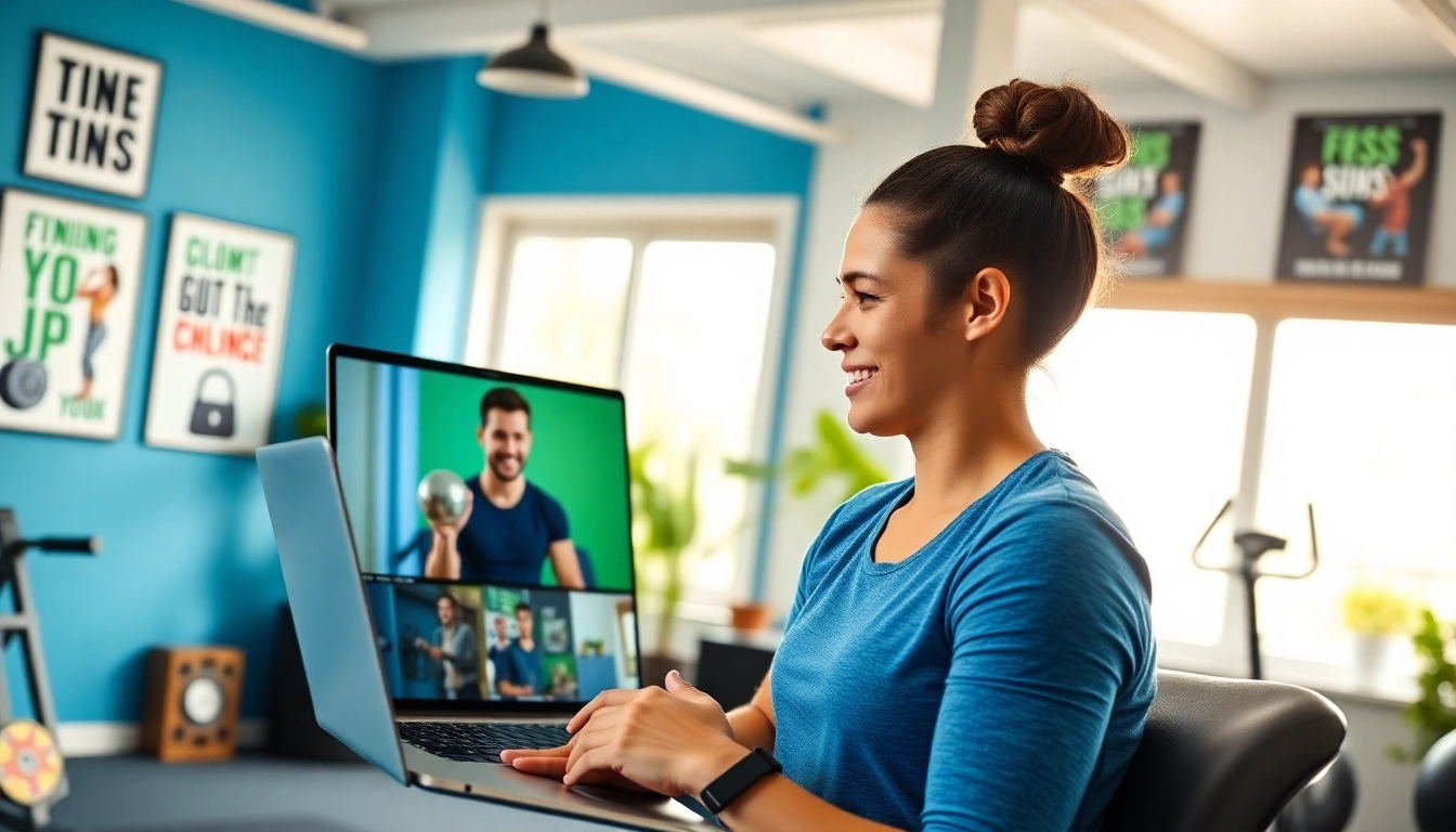 Virtual Personal Trainer Jersey City guiding an online workout session in a bright home gym.