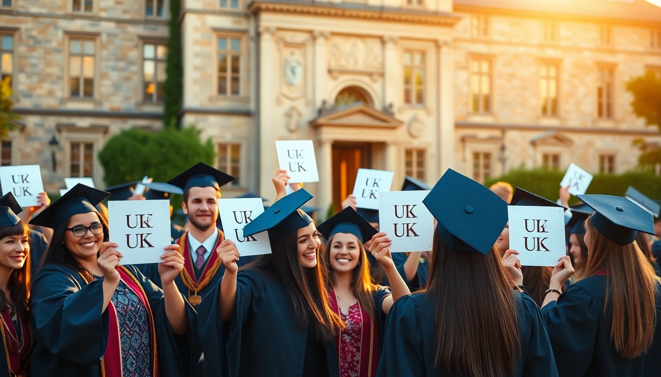 Students celebrating with their original UK degrees under natural light outdoors.