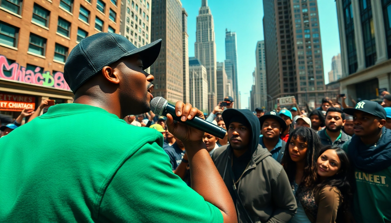 Artists showcasing rap culture in Chicago, with vibrant energy and urban landscape.