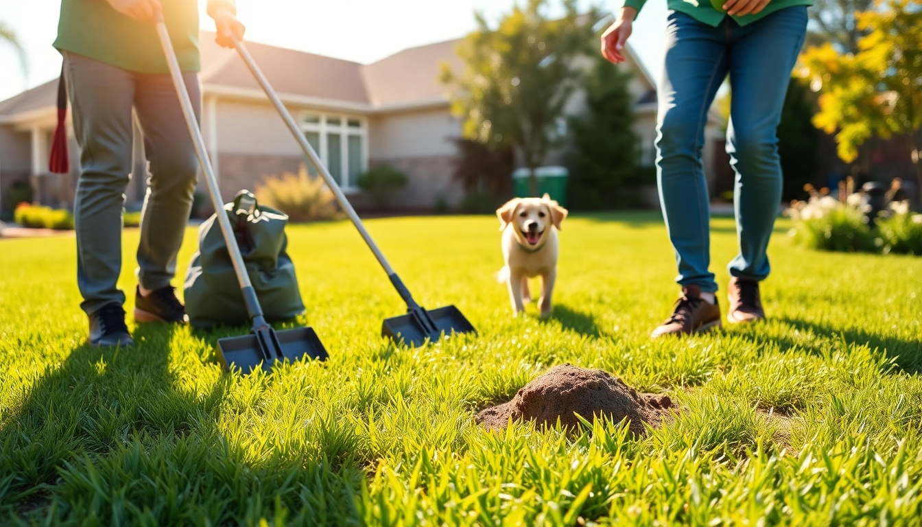 Providing a dog poop cleaning service in a sunny backyard, ensuring a clean and safe environment.