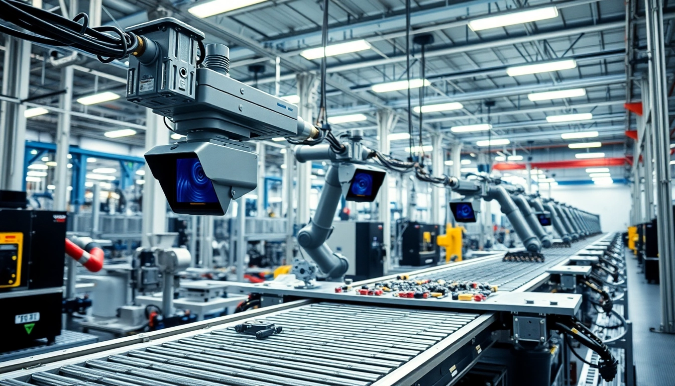 Visual representation of machine vision technology inspecting products in a modern industrial setting.