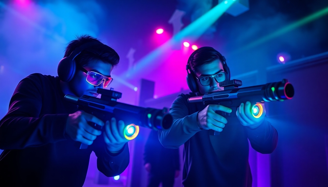 Engaged players in a laser tag arena showcasing excitement and teamwork in a vibrant setting