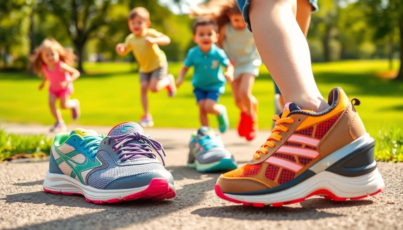 Laufschuhe für Kinder, die bunt in einem Park präsentiert werden und glückliche Kinder beim Spielen zeigen.