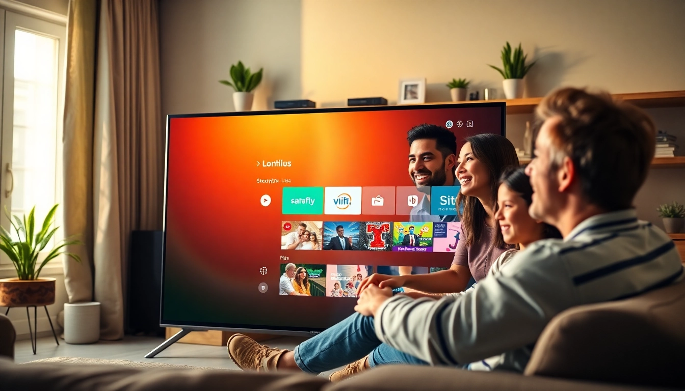Engaged family enjoying IPTV Subscription USA on a modern TV in a cozy living room.