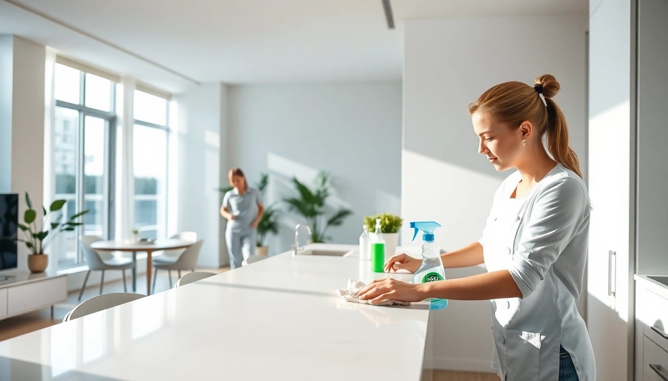 Bond cleaning Brisbane professionals meticulously cleaning a kitchen in a spacious apartment.