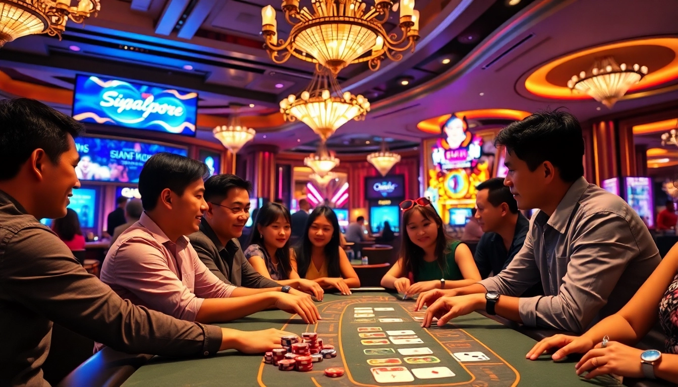 Players enjoying a live casino experience in Singapore with vibrant energy and luxurious decor.