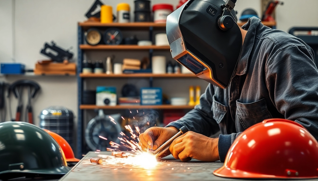 Welding supplies near me showcased in a professional workshop with a welder in action.
