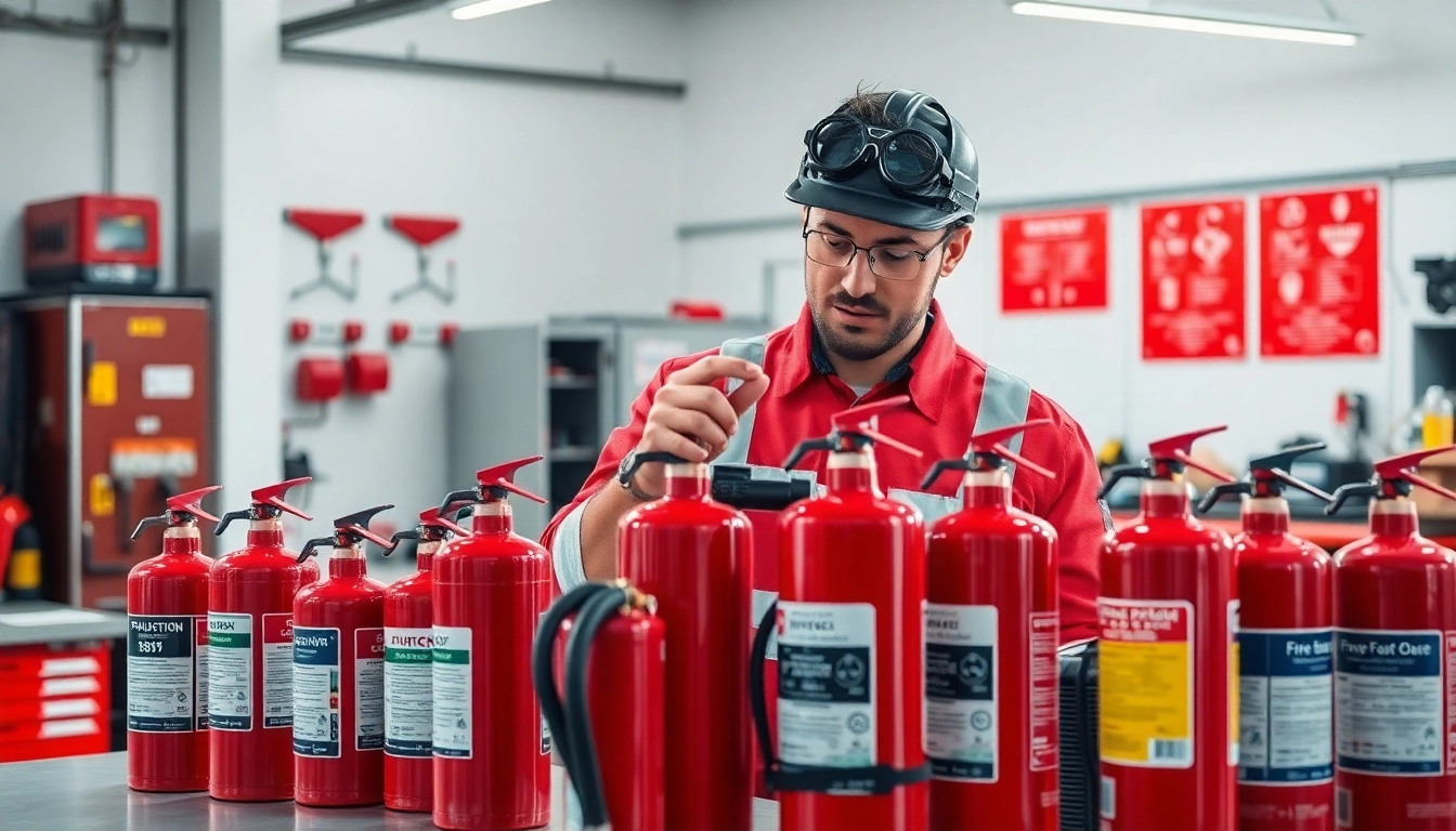 Engaged fire extinguisher servicing Cannock by a professional technician in a bright safety-focused environment.