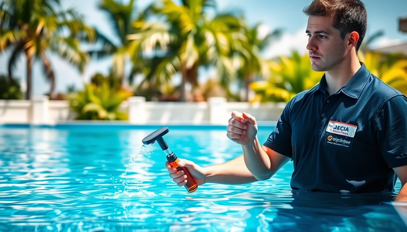 Providing pool cleaning service near me, a technician cleans a sparkling swimming pool.