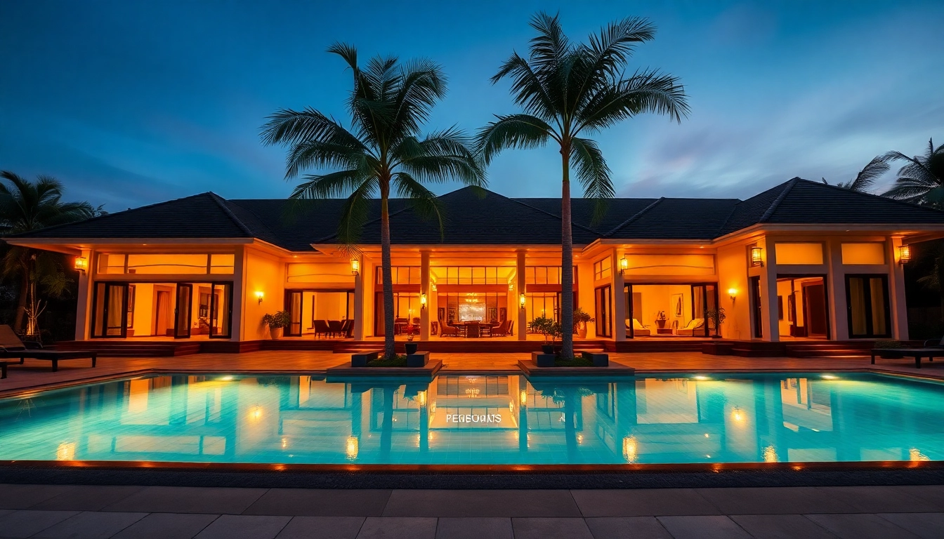 Phuket real estate agents showcasing a stunning luxury villa with a serene pool and tropical landscaping.