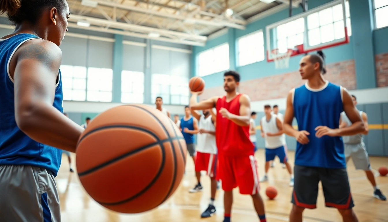 Engaged basketball athletes participating in the best basketball training programs with a coach.