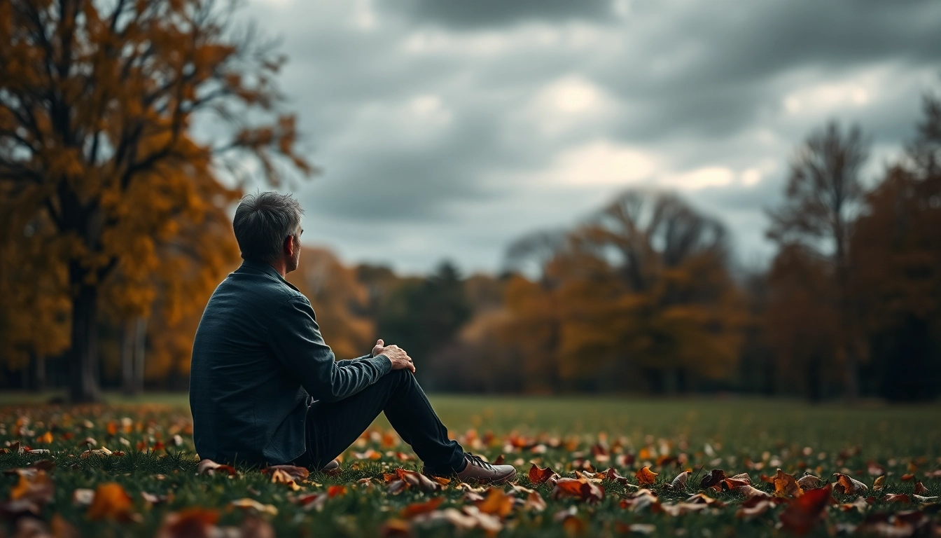 Contemplative individual dealing with grief amidst autumn leaves in a tranquil park setting.