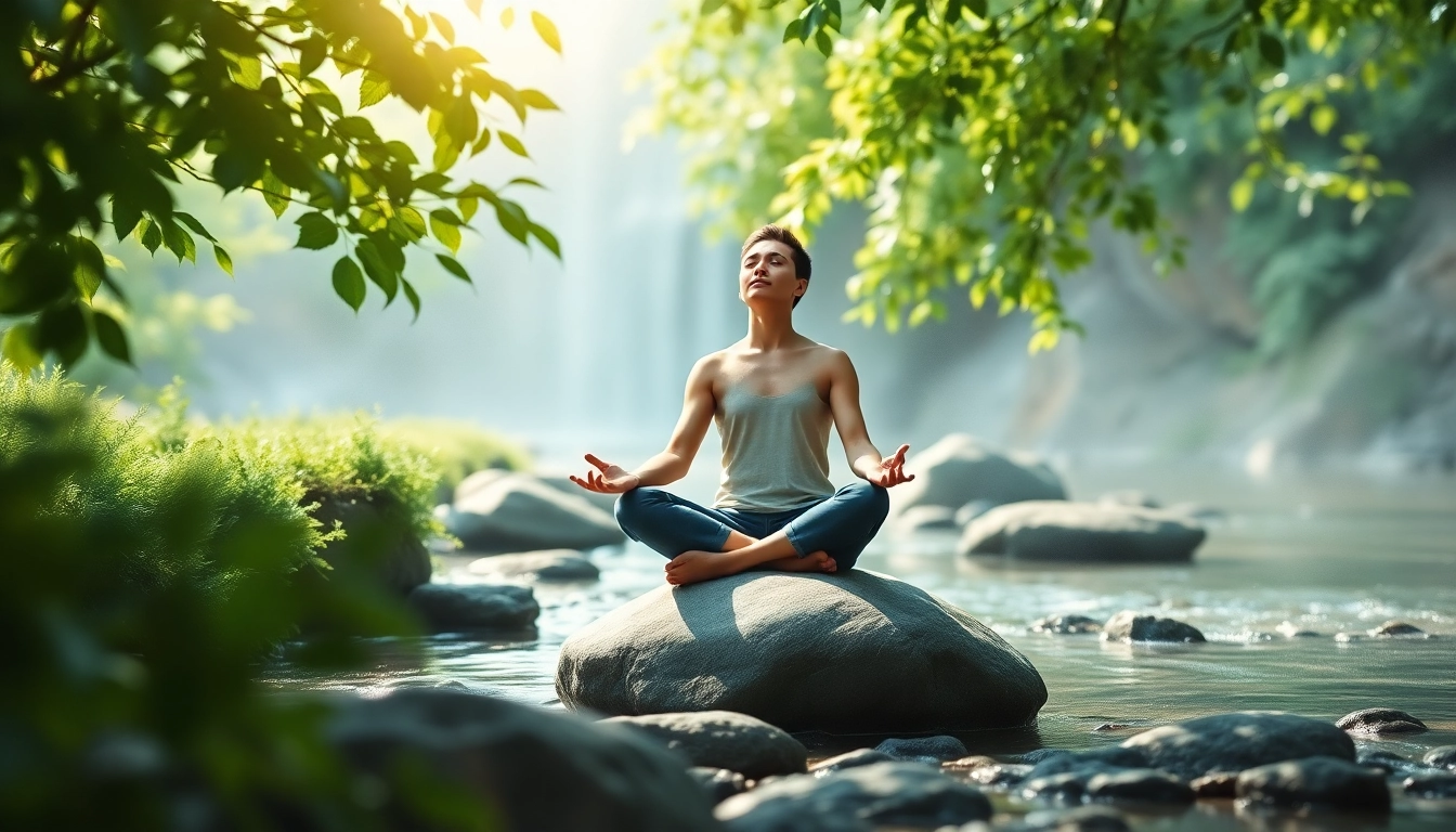 A tranquil scene focusing on a person dealing with stress through mindfulness meditation in nature.