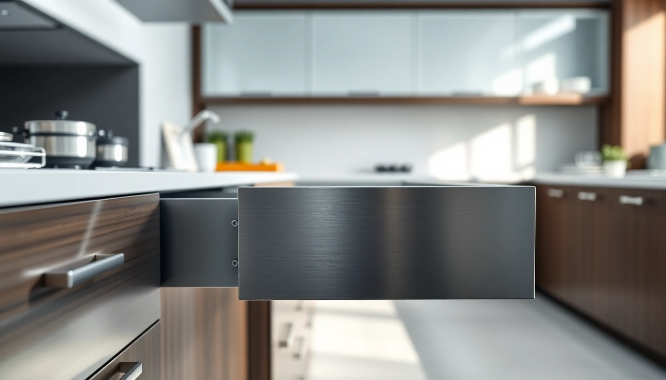 Showcasing a Metal Drawer System in a sleek kitchen setting, highlighting its smooth functionality.