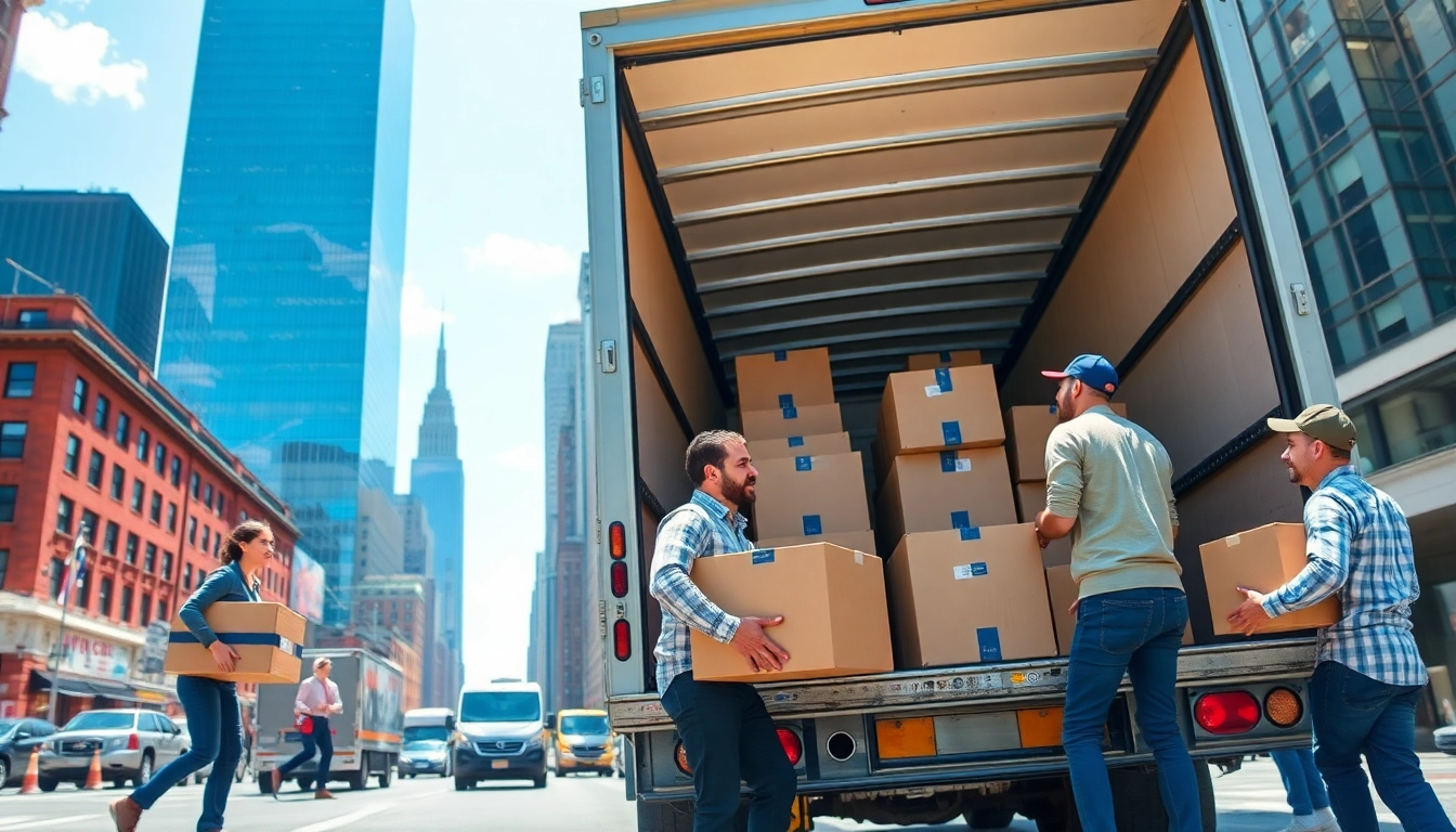 Movers nyc loading boxes professionally into a moving truck amidst New York City’s vibrant skyline.