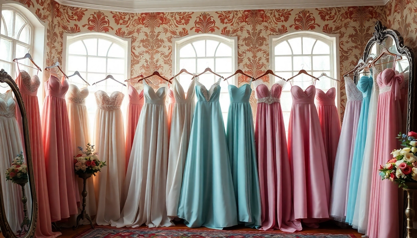 Showcase of colourful wedding dresses in a luxurious boutique, highlighting unique designs.