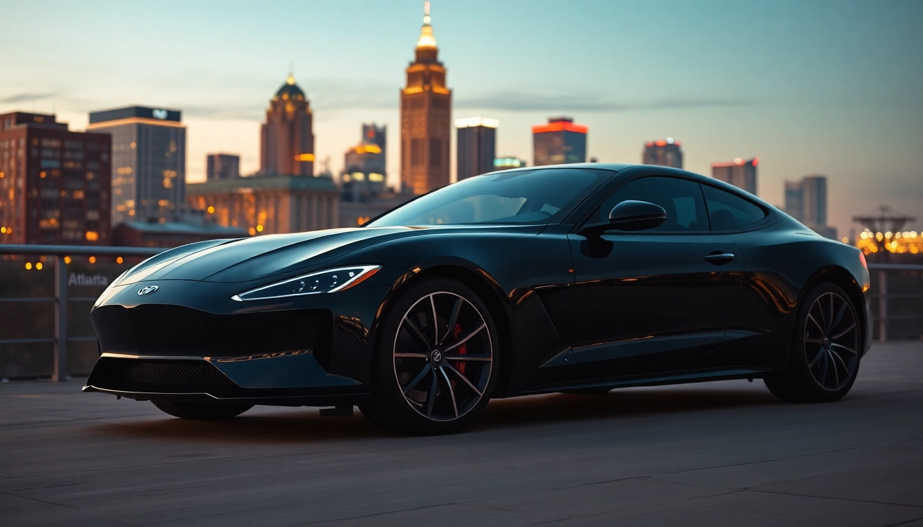 Experience luxurious car service Atlanta with a sleek sedan against the night skyline.