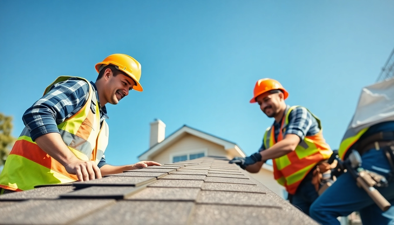 Licensed and insured roofers Austin diligently installing shingles on a residential roof.