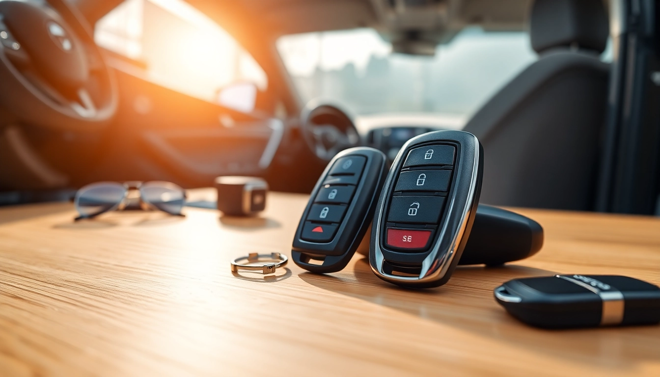 Showcasing keyless carkeys against a wooden backdrop with a modern car interior.