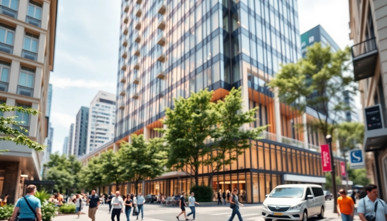 3D Architekturvisualisierung eines modernen städtischen Gebäudes mit lebhaften Straßen und Details.