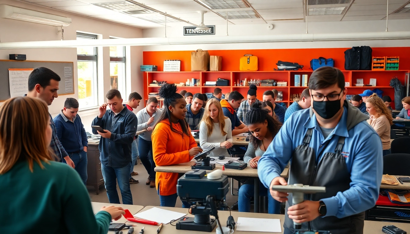 Students actively participating in a trade school in Tennessee training session with instructors.