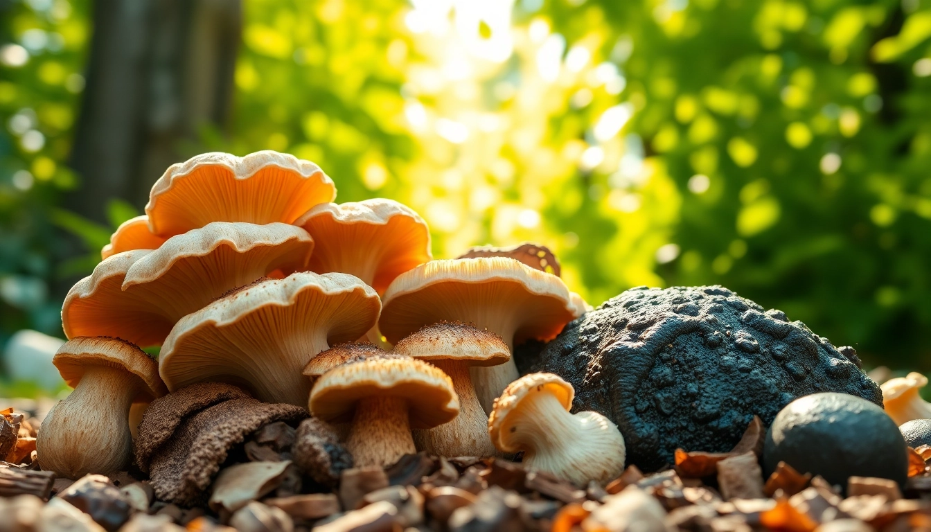 Enhance your health with Mushroom Complex featuring diverse mushrooms in a natural setting.