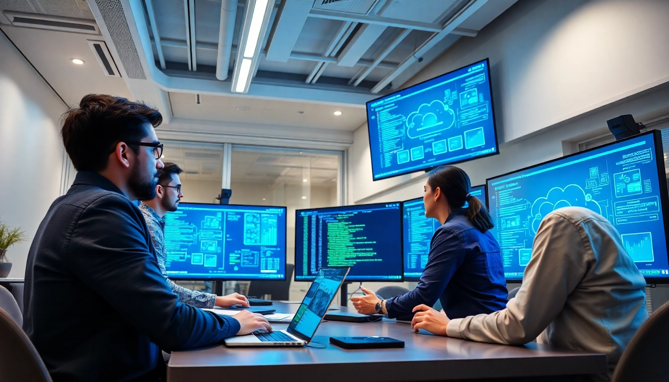 Visualize cloud infrastructure and DevOps services team collaborating on innovative projects.