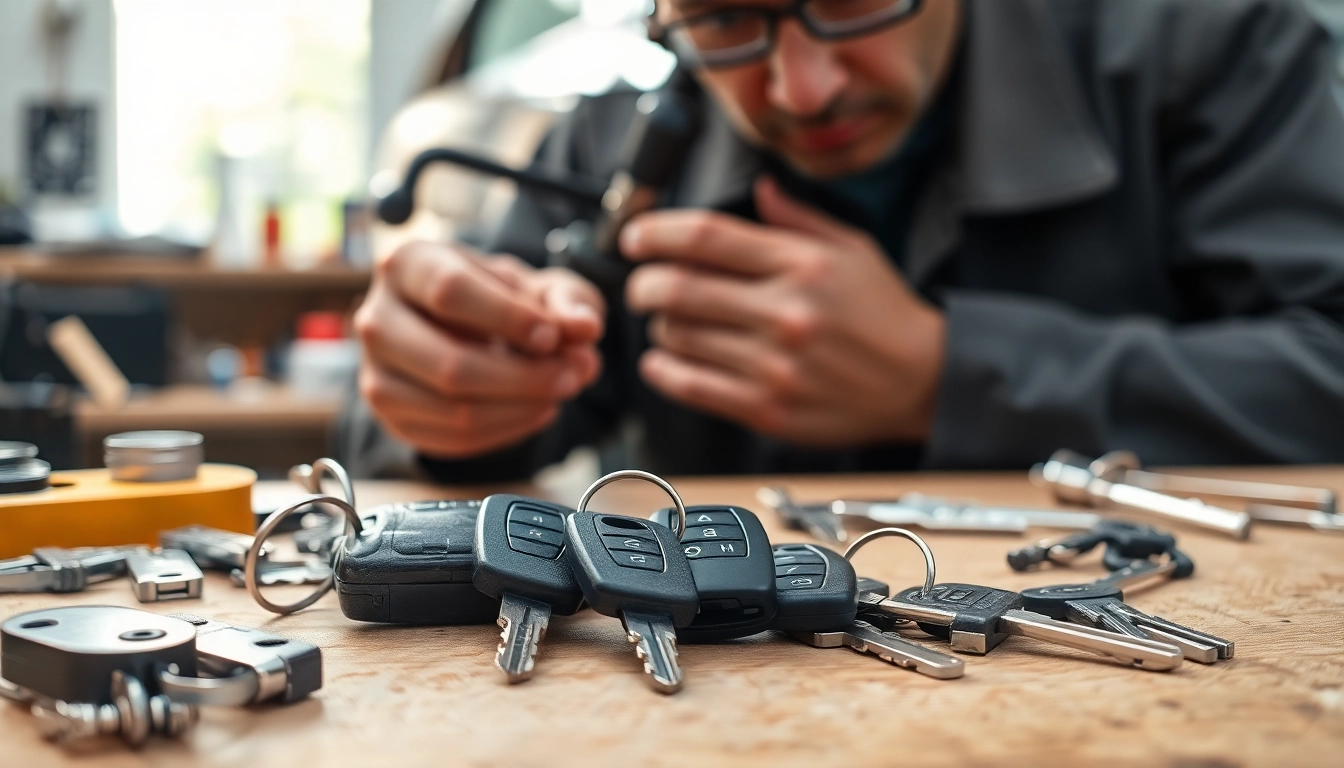 Locksmith duplicating lost car keys at a workshop with various tools.