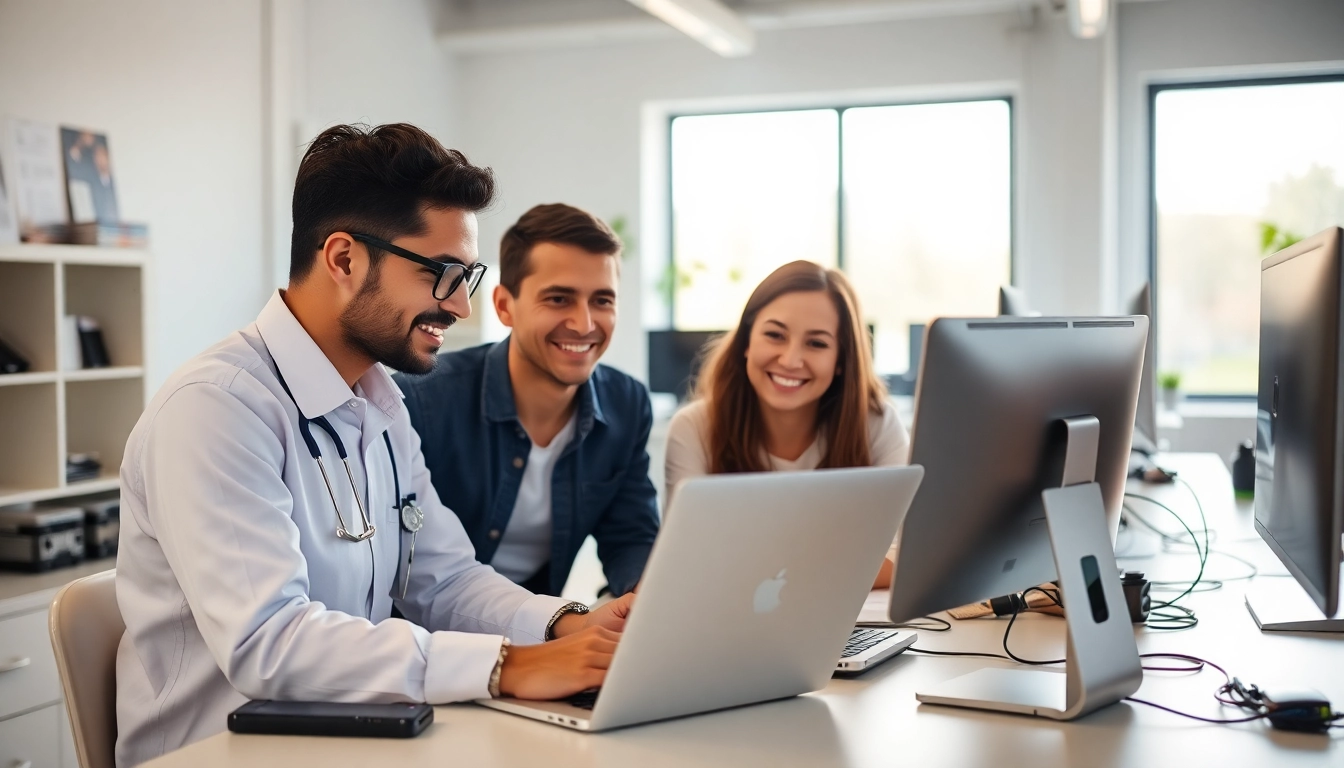 Offering professional computer help near me with a technician assisting a customer in a bright office