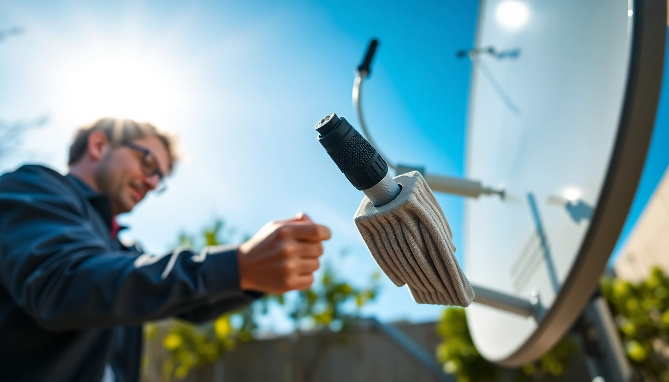 Connecting a starlink mini 12v cable to a satellite dish during professional installation.