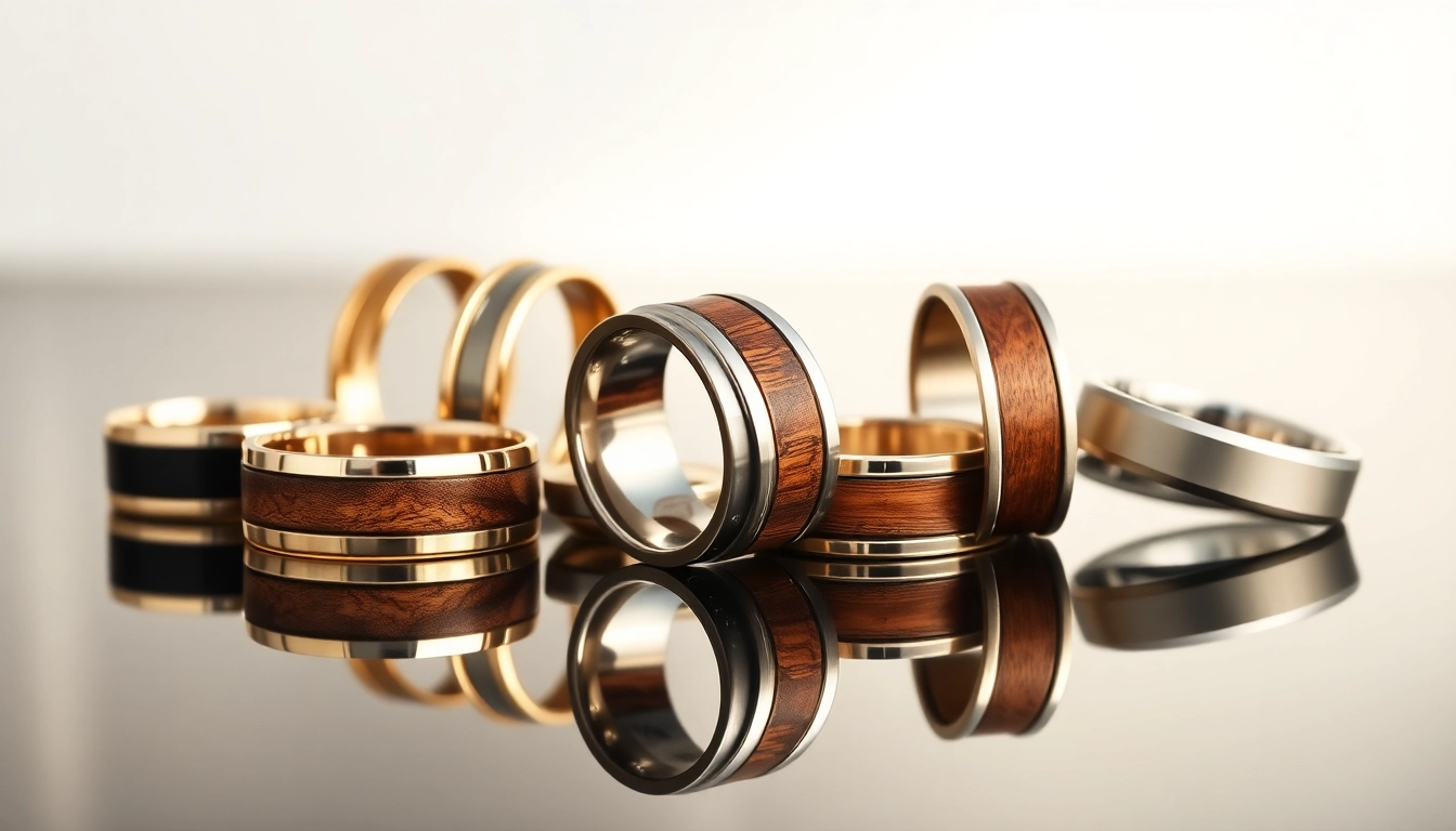 Showcasing men's wedding rings with intricate designs and luxurious materials.