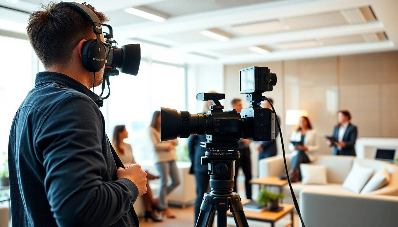 Capture of a videographer working on video production edmonton with professionals in a corporate setting.