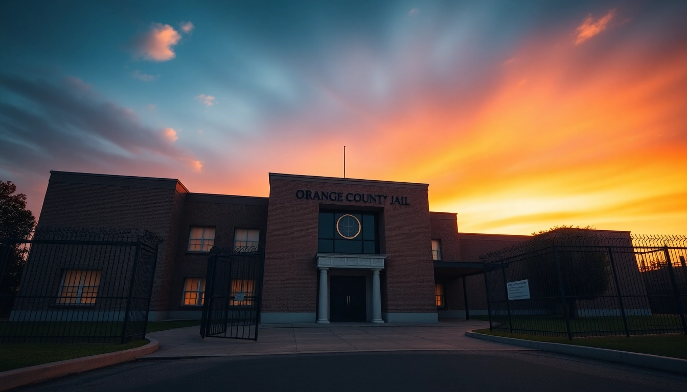 View of the Orange County Jail showcasing its architectural details under sunset lighting.