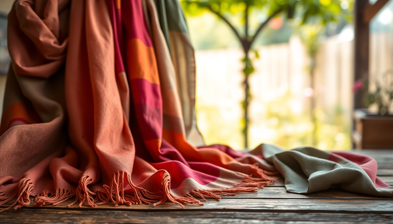 Stylish scarves for women beautifully arranged on a wooden table, showcasing vibrant colors and textures.
