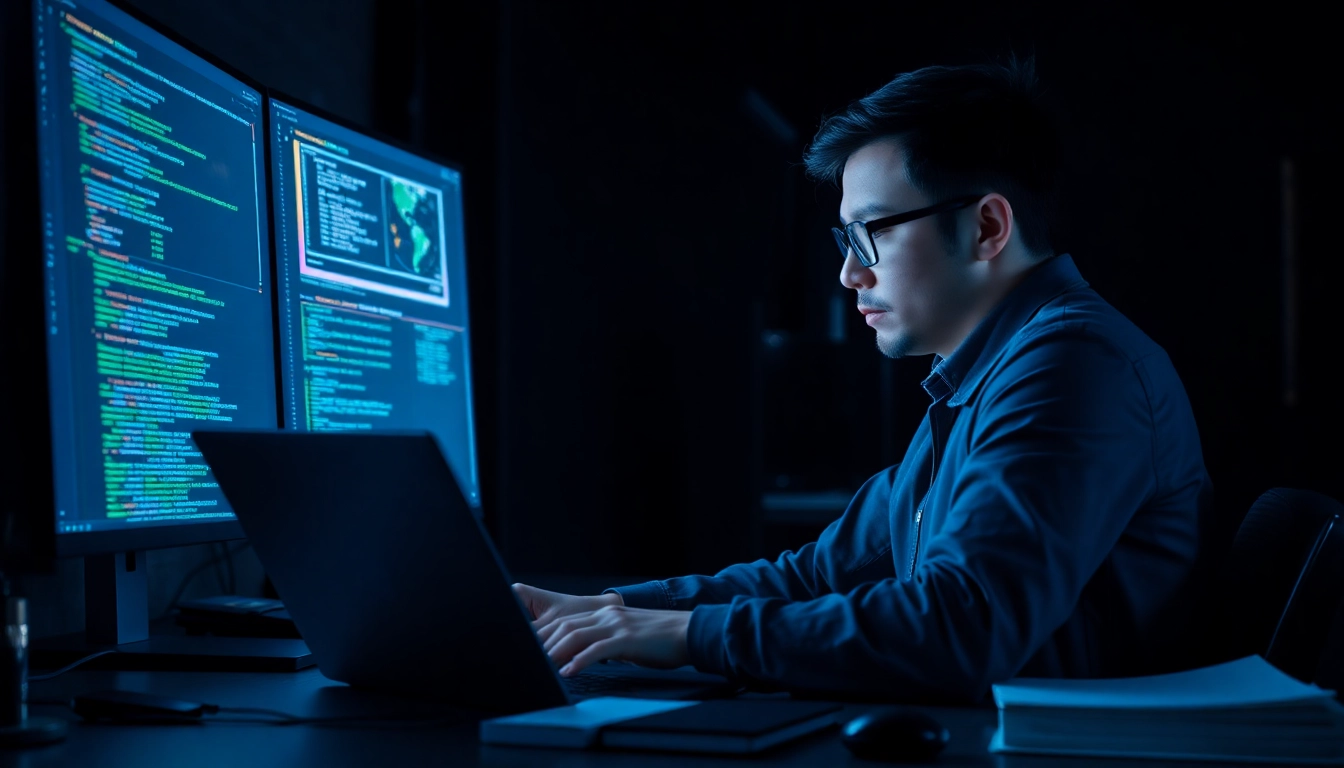 Ethical Hacking mit einem professionellen Hacker, der an einem Computer mit Sicherheitssoftware arbeitet.