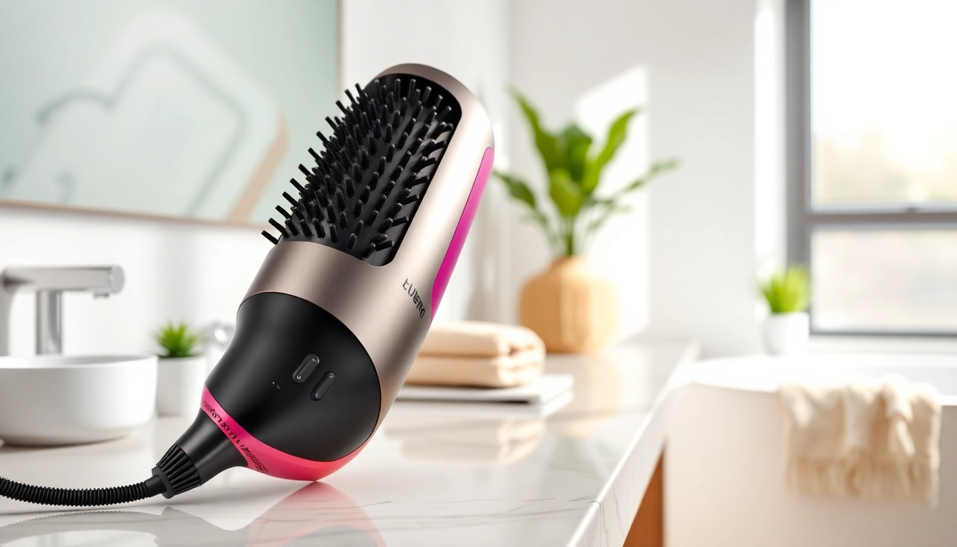 Showcase of a Hair Dryer Brush 7 in 1 set on a stylish bathroom countertop